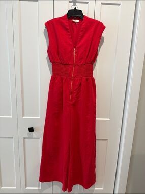 entro Bright Red Sleeveless Jumpsuit with Smocked Waist